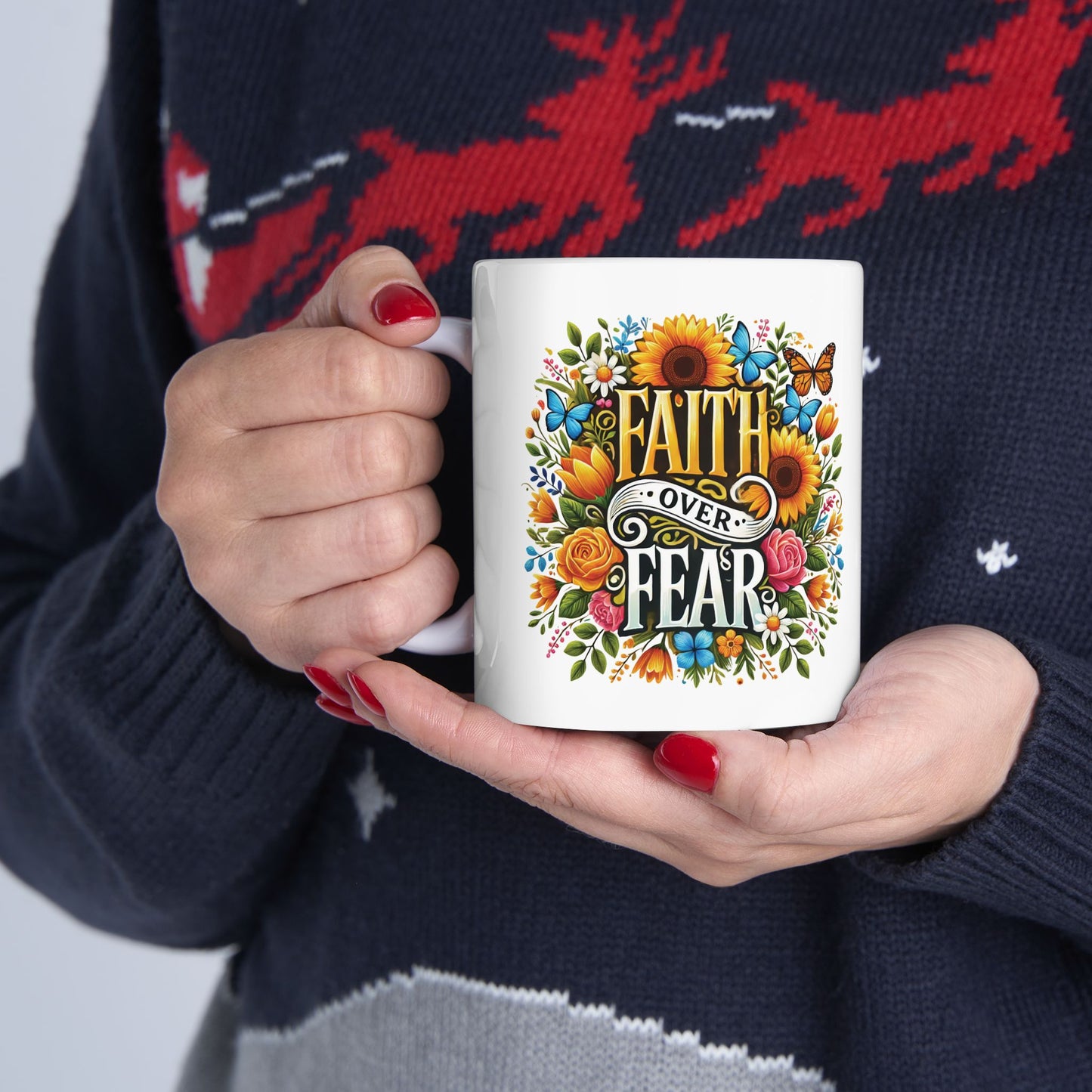 Faith Over Fear Mug, Christian Coffee Cup, Inspirational Tea Mug, Praise God Drinkware, Religious Gift Idea, Holiday Gift