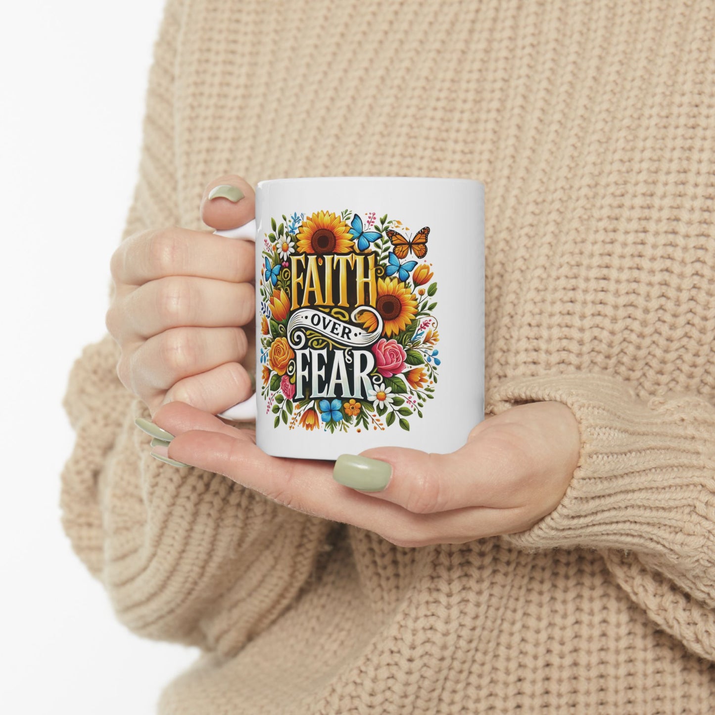 Faith Over Fear Mug, Christian Coffee Cup, Inspirational Tea Mug, Praise God Drinkware, Religious Gift Idea, Holiday Gift