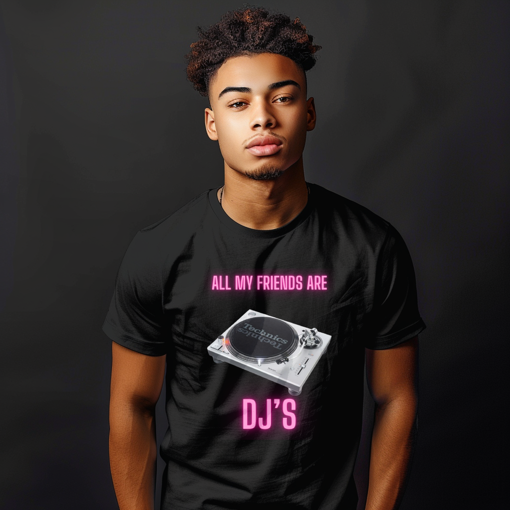 PINK NEON TURNTABLE, DJ FRIENDS, Graphic Short Sleeve Tee, DJ Shirt, DJ Graphic T-shirt, Music Party,Turntable Graphic, Urban Streetstyle, Express Delivery