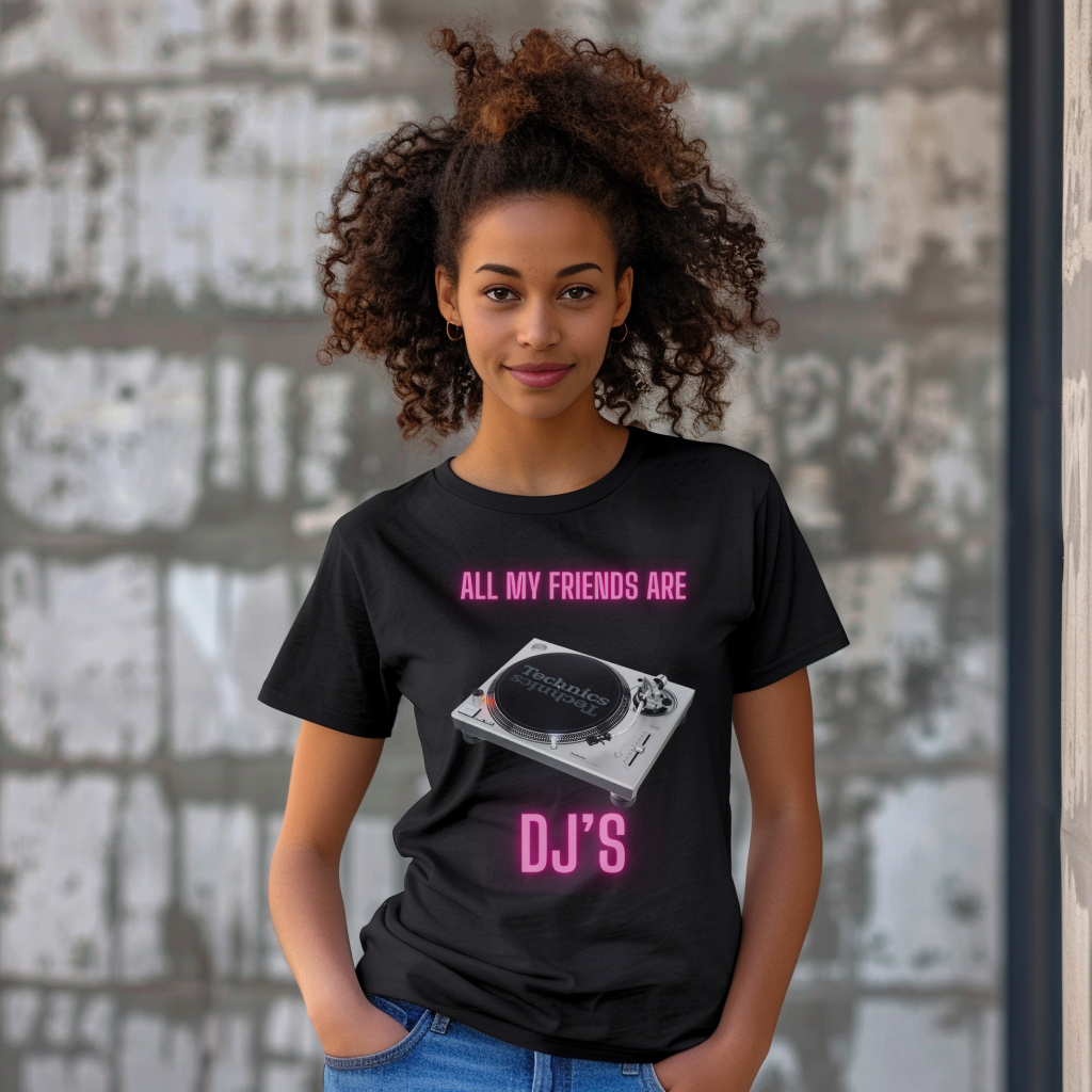 PINK NEON TURNTABLE, DJ FRIENDS, Graphic Short Sleeve Tee, DJ Shirt, DJ Graphic T-shirt, Music Party,Turntable Graphic, Urban Streetstyle, Express Delivery