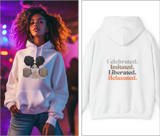 Melanated. Celebrated. Hoodie – Black Girl Magic Afro Art Sweatshirt | Urban Streetwear for Women