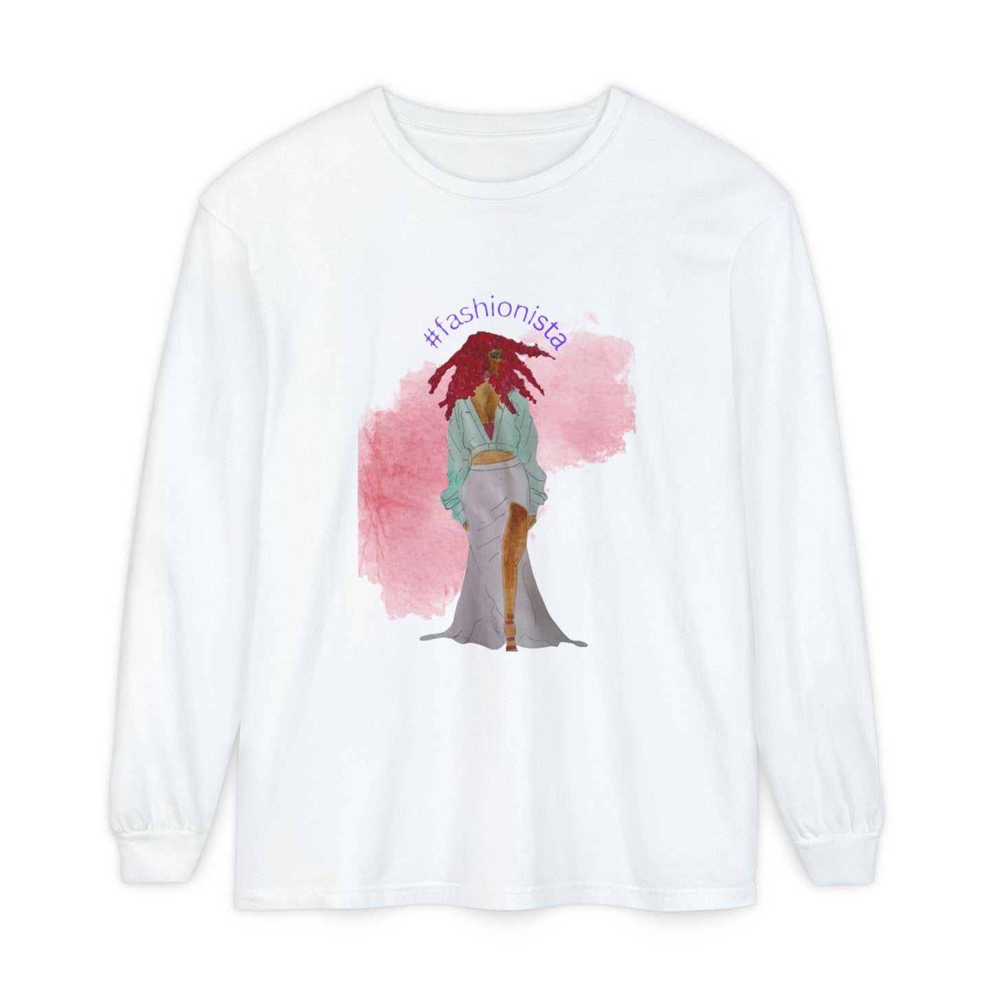 Fashionista Illustration Long Sleeve T-Shirt | Watercolor Model Artwork