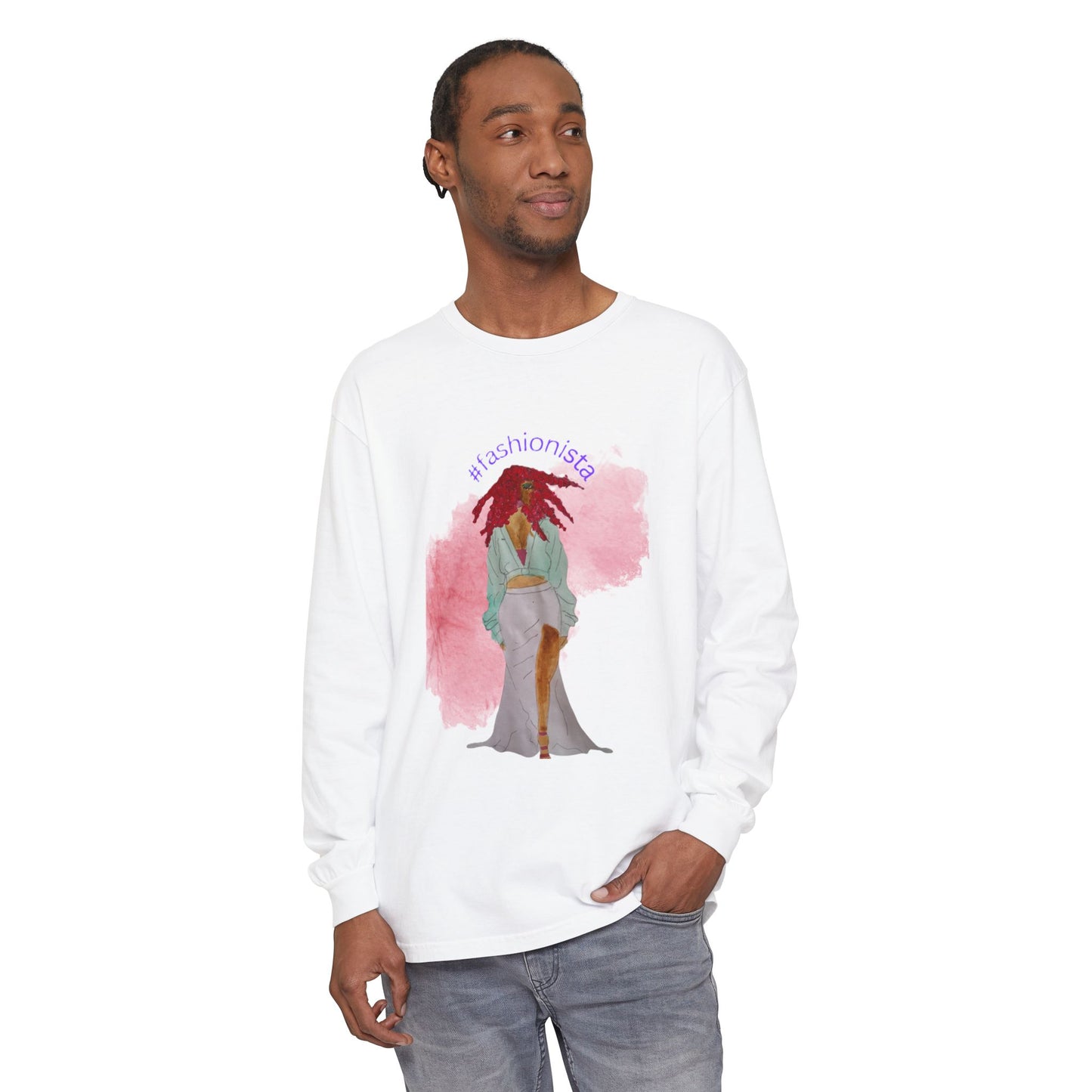 Fashionista Illustration Long Sleeve T-Shirt | Watercolor Model Artwork