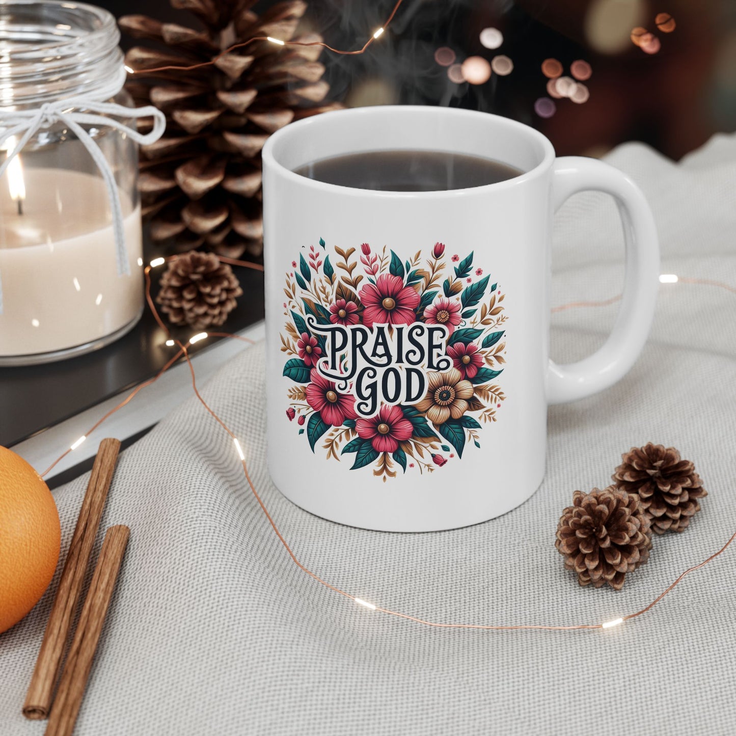 PRAISE GOD Ceramic Mug, Christian Coffee Cup, Inspirational Tea Mug, Faith Drinkware, Religious Gift Idea