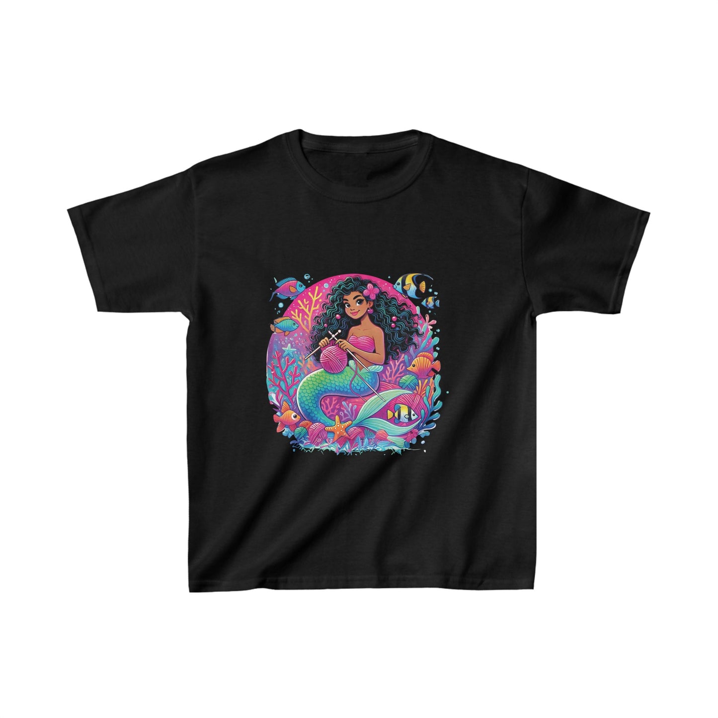 KNITTING MERMAID, Pink Yarn Love, African-American Mermaid, Cute Kids Heavy Cotton™ Tee