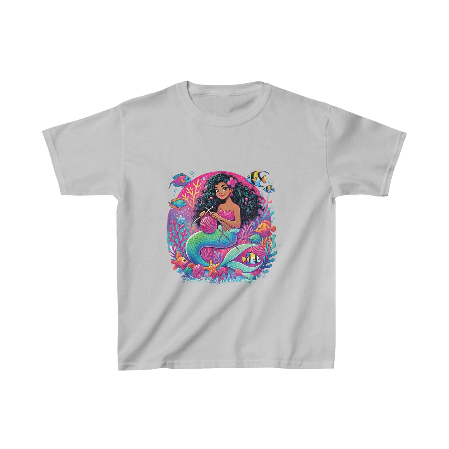 KNITTING MERMAID, Pink Yarn Love, African-American Mermaid, Cute Kids Heavy Cotton™ Tee