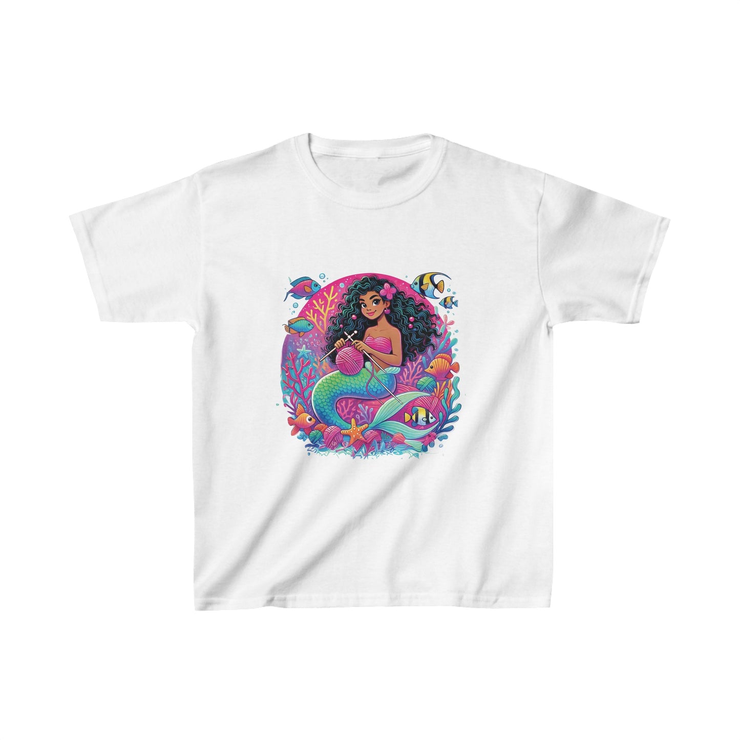 KNITTING MERMAID, Pink Yarn Love, African-American Mermaid, Cute Kids Heavy Cotton™ Tee