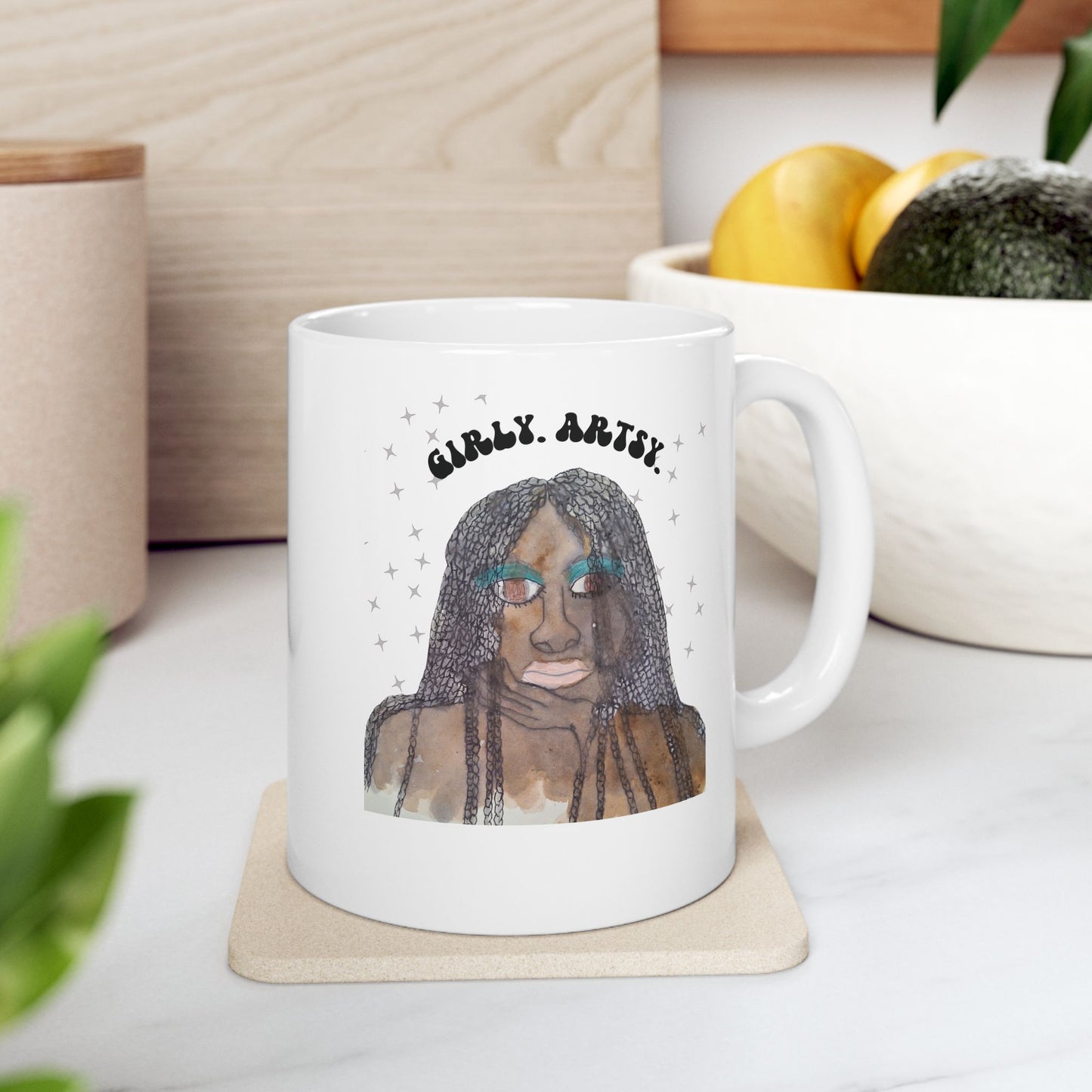 50% OFF BUNDLE & SAVE, Coffee Mug - GIRLY ARTSY #1 Ceramic Mug - Black Girl Magic, Handpainted Graphic Design, 11oz, Gift for Her