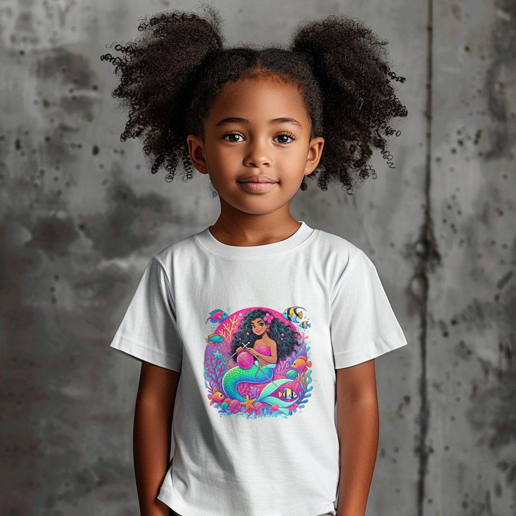 KNITTING MERMAID, Pink Yarn Love, African-American Mermaid, Cute Kids Heavy Cotton™ Tee