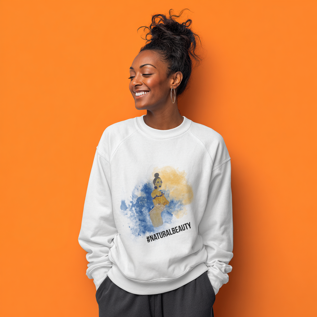 Woman wearing a white sweatshirt with '#NATURALBEAUTY' graphic on an orange background